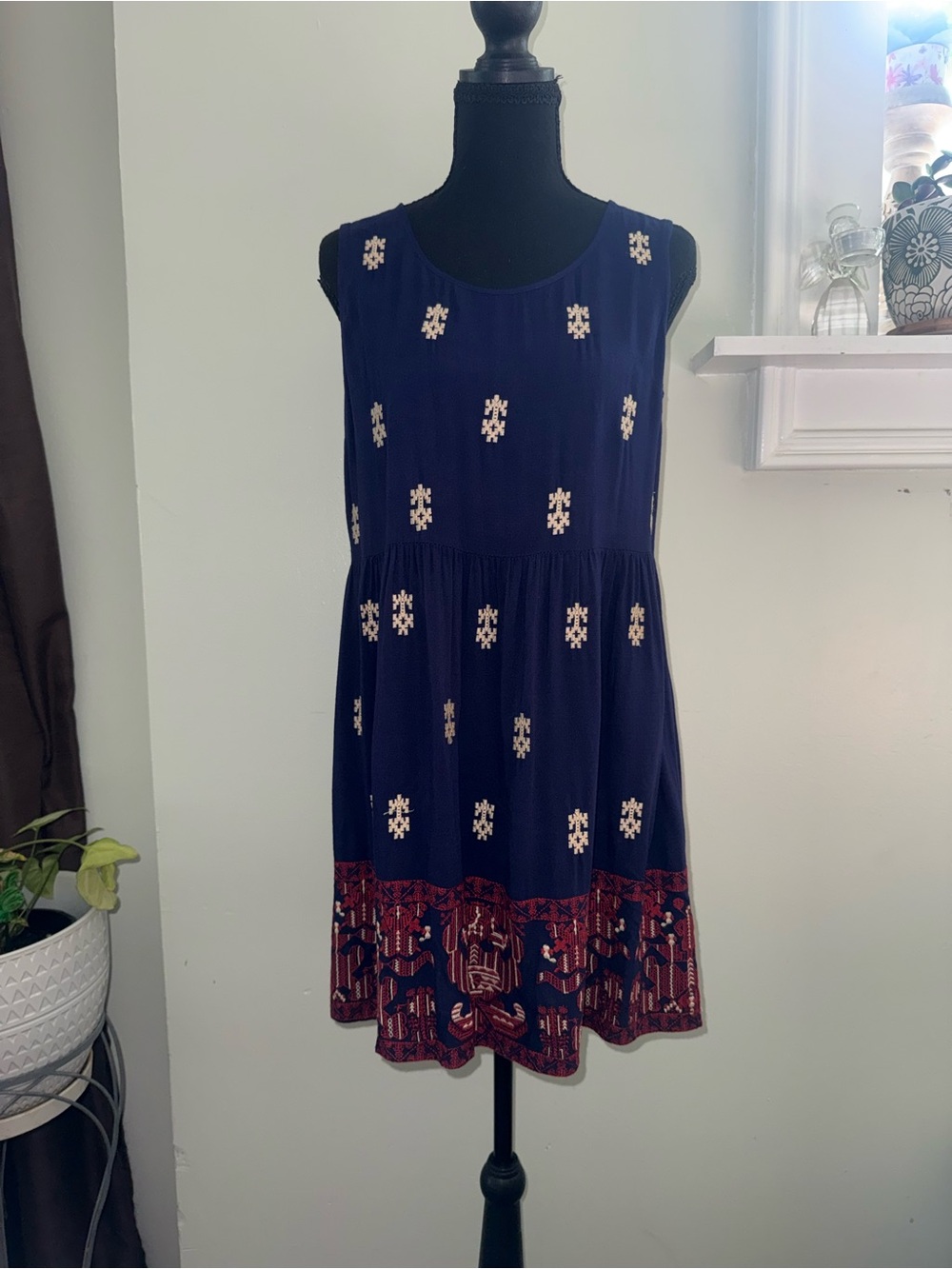 THML Navy Mini Dress with Cream Embroidery and Red Accent Hem